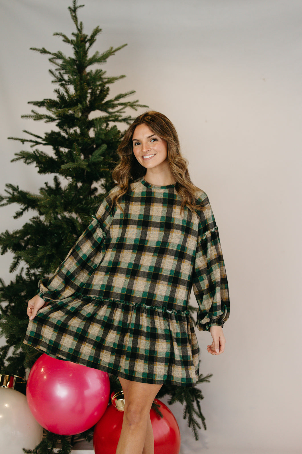 HOLIDAY SPIRIT PLAID BABYDOLL DRESS