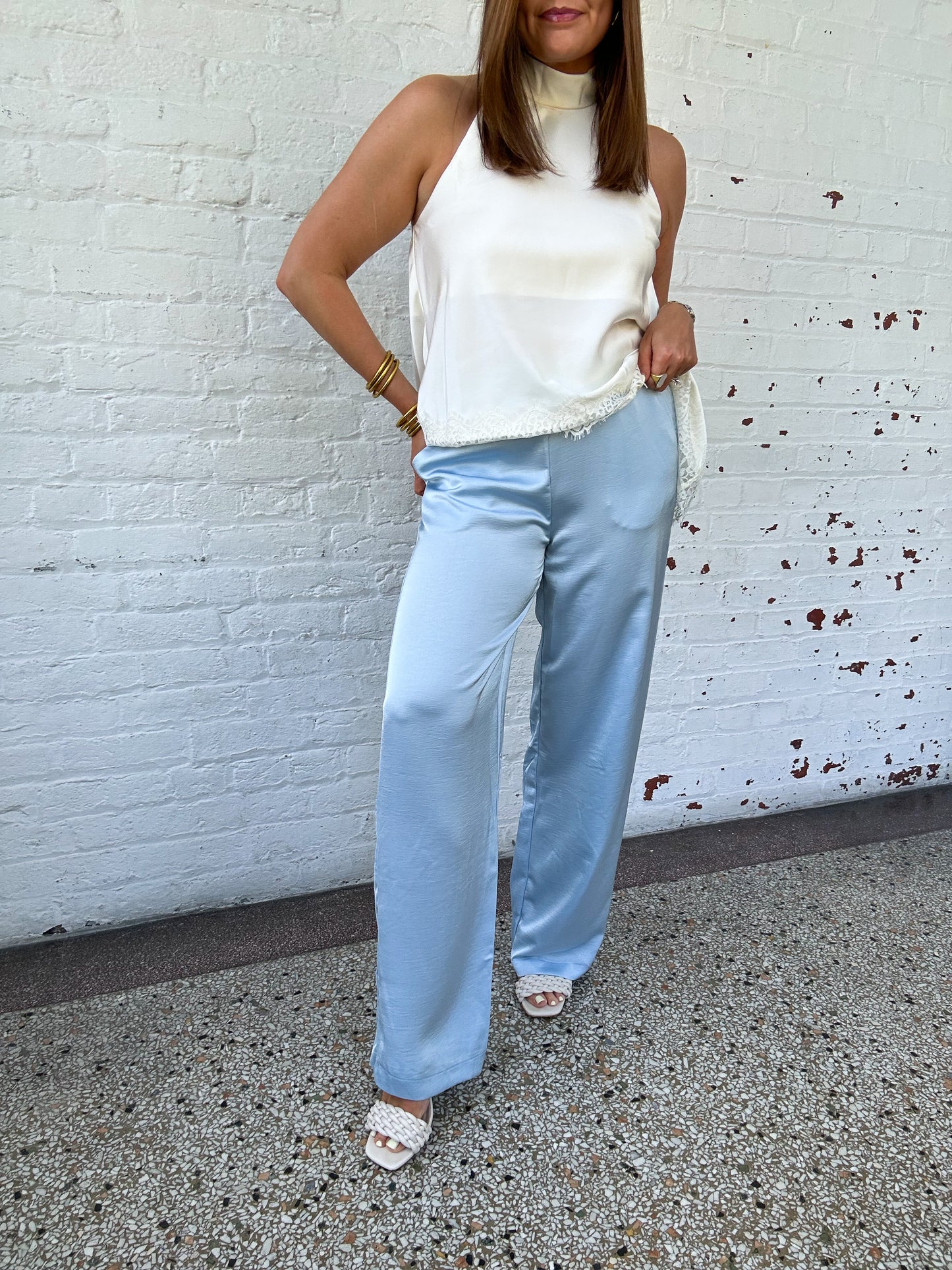 SUMMER SATIN TROUSER PANTS - DUSTY BLUE