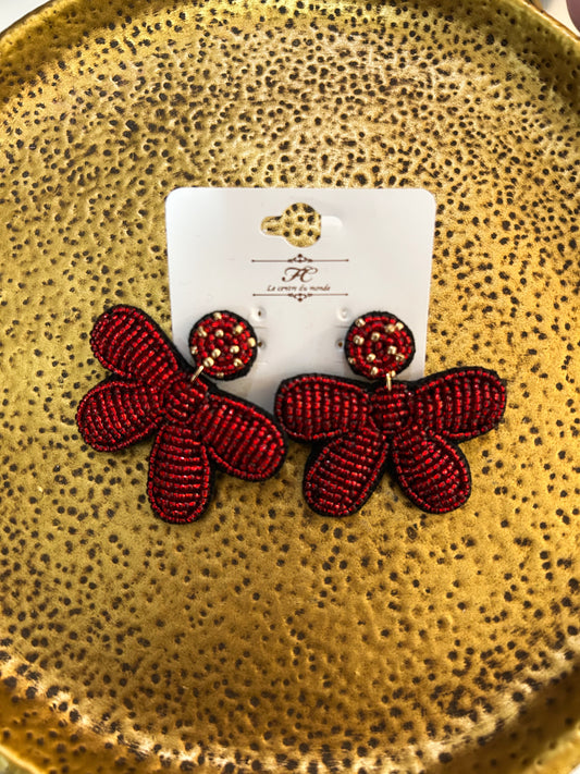 RED BOW BEADED EARRINGS