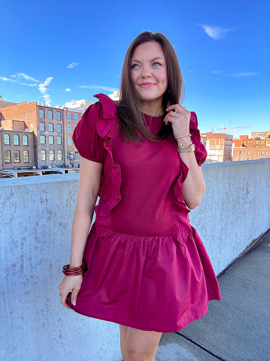 MAROON RUFFLED MINI DRESS