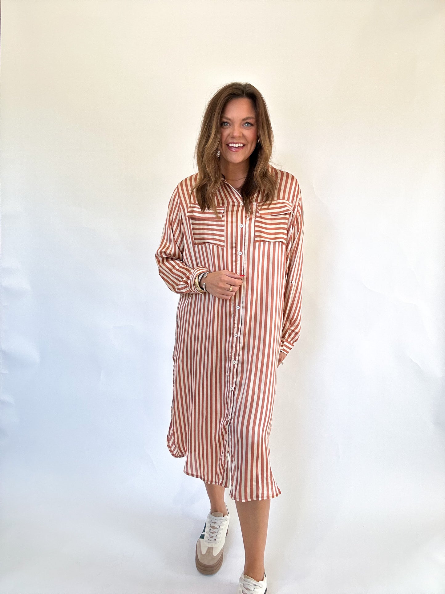 TERRACOTTA STRIPED MIDI DRESS