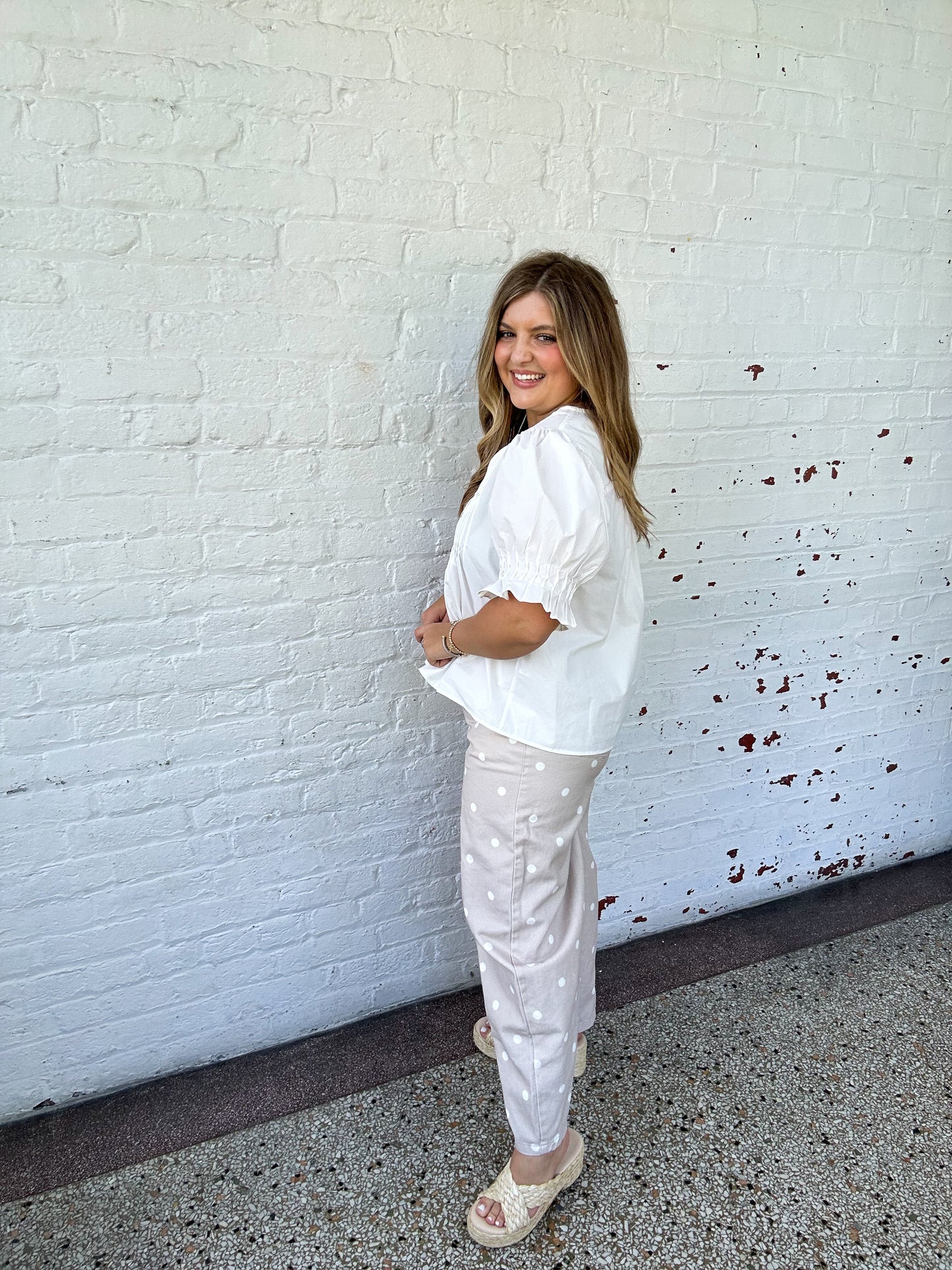 POLKA DOT WIDE LEG DENIM PANTS - CREAM