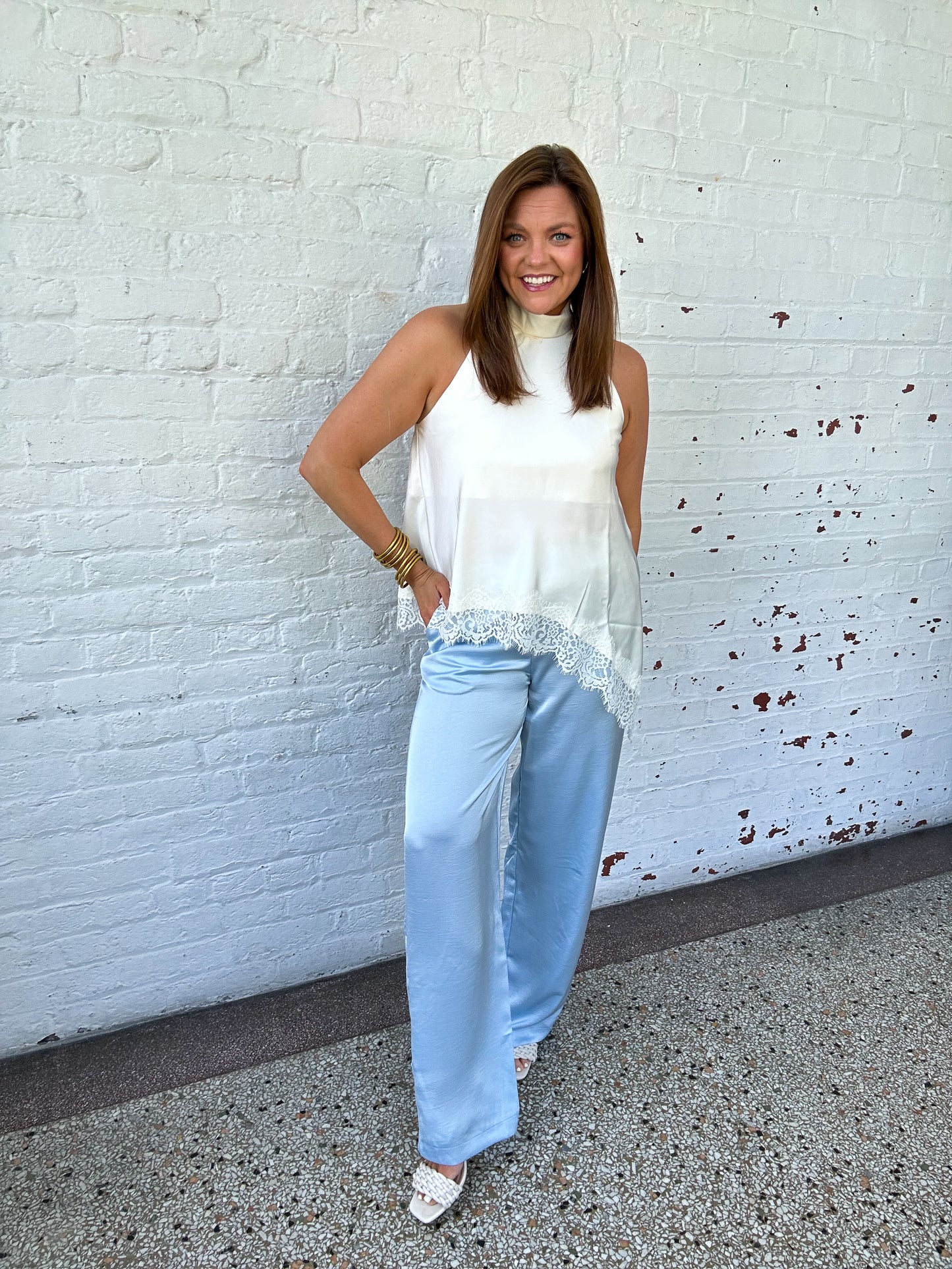 SUMMER SATIN TROUSER PANTS - DUSTY BLUE