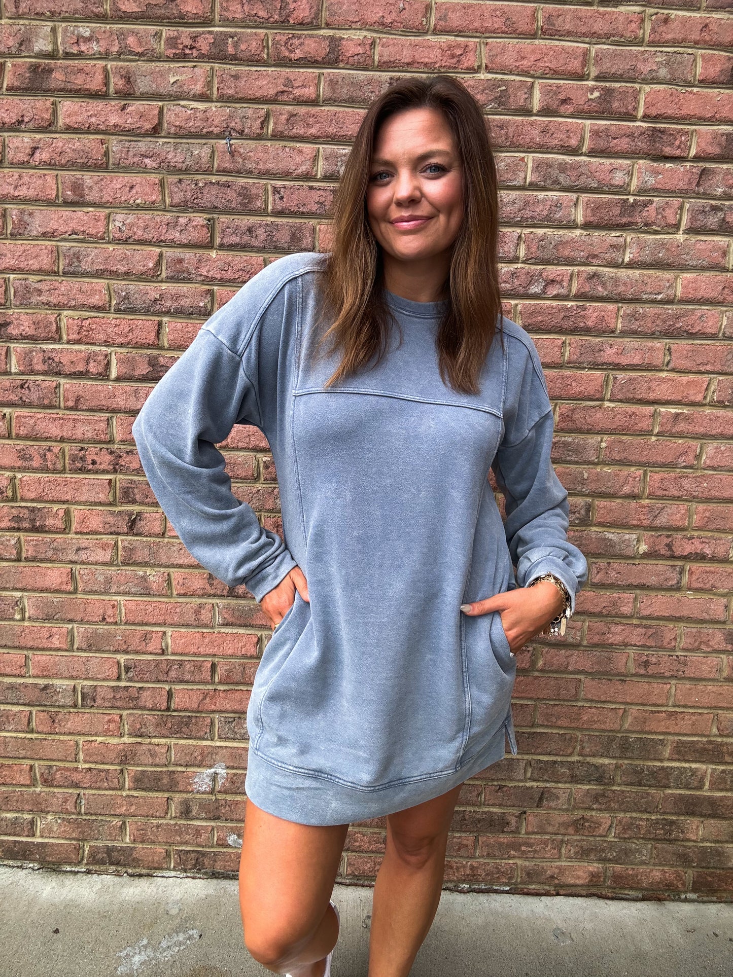 MINERAL WASH SWEATSHIRT DRESS - BLUE