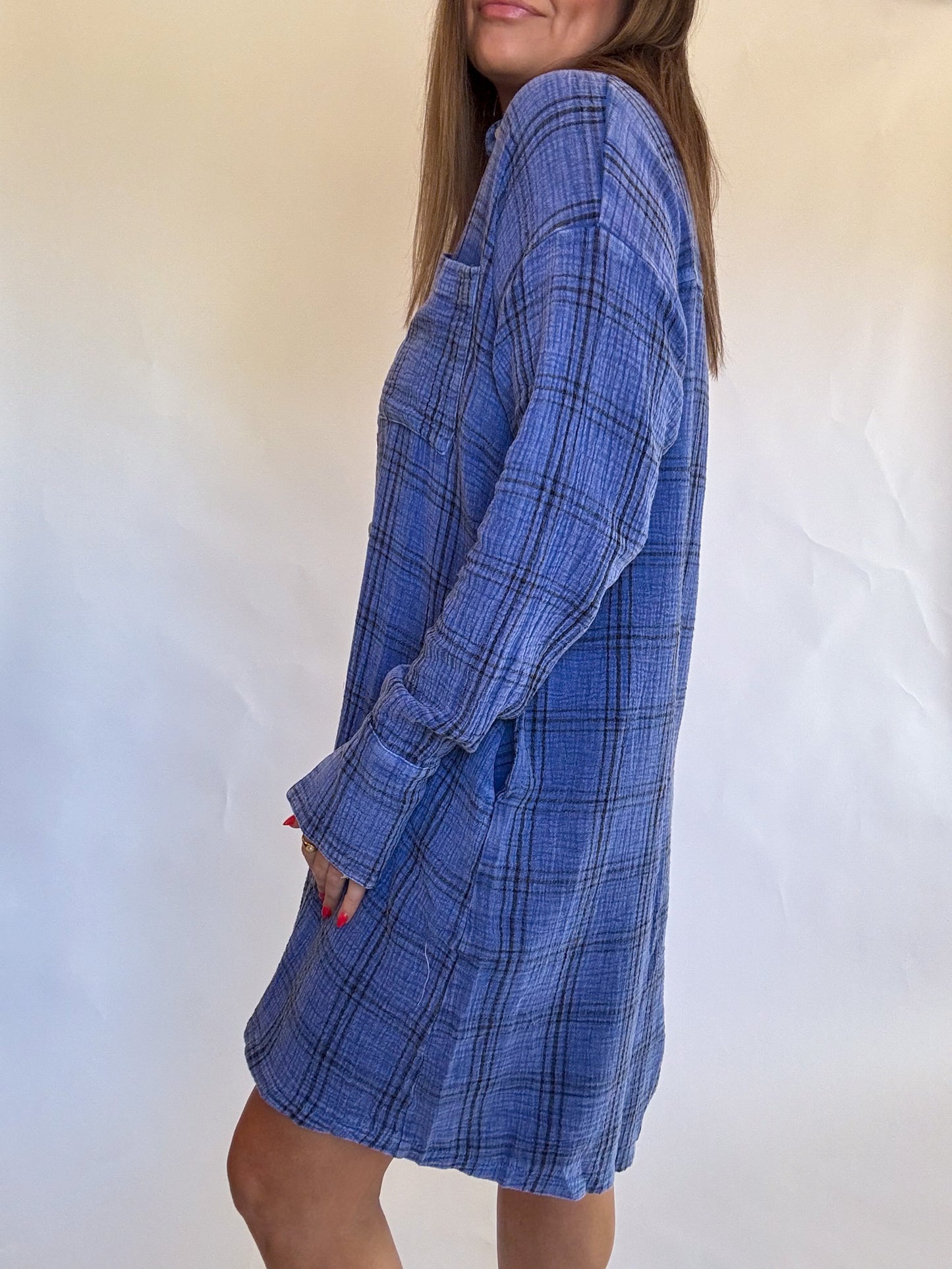 DENIM PLAID GAUZE DRESS