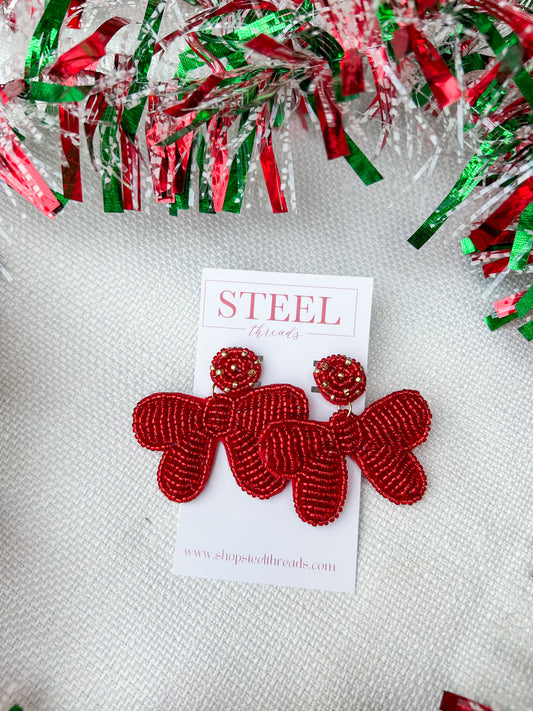 RED BOW BEADED EARRINGS