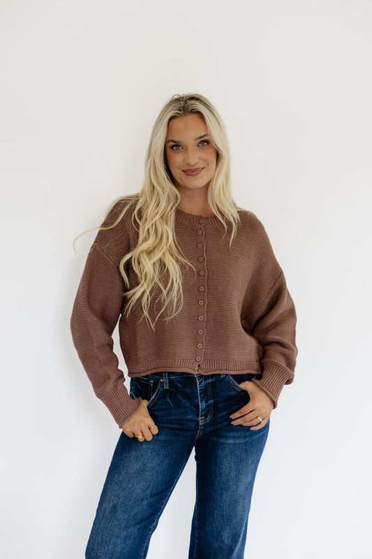 COFFEE CROPPED KNIT CARDIGAN SWEATER