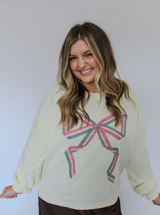 GINGHAM BOW CREWNECK - CREAM