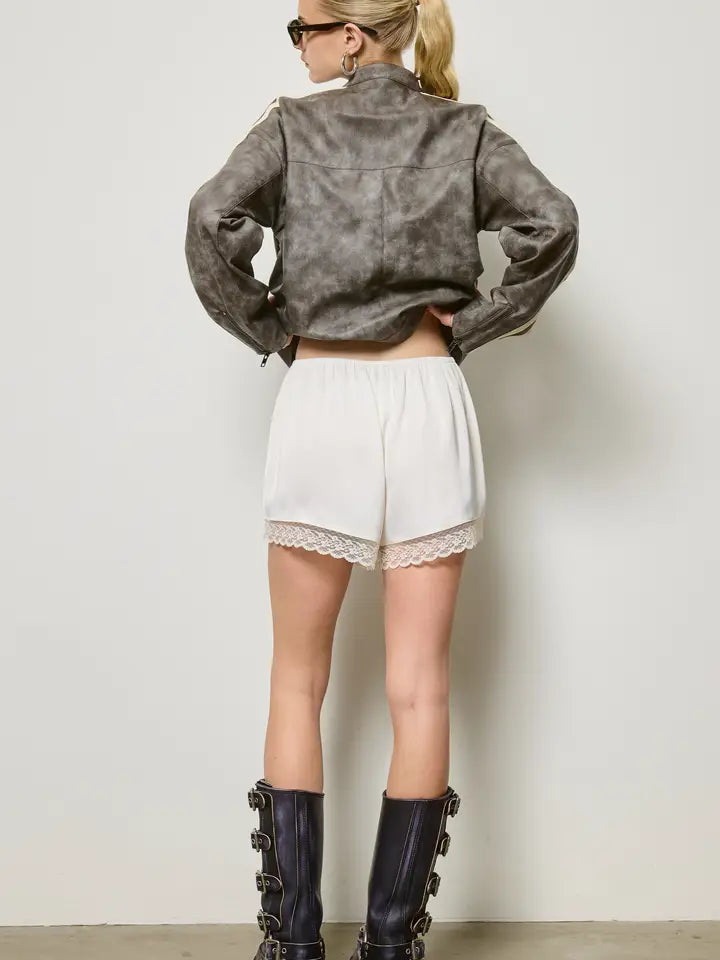 LACE TRIM SILKY SHORTS - CREAM