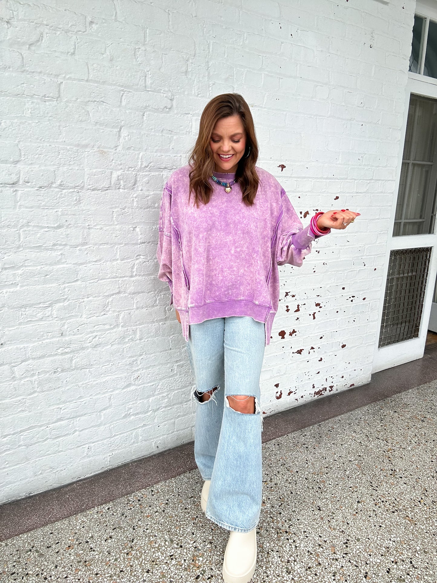 ACID WASHED OVERSIZED SWEATSHIRT - VIOLET
