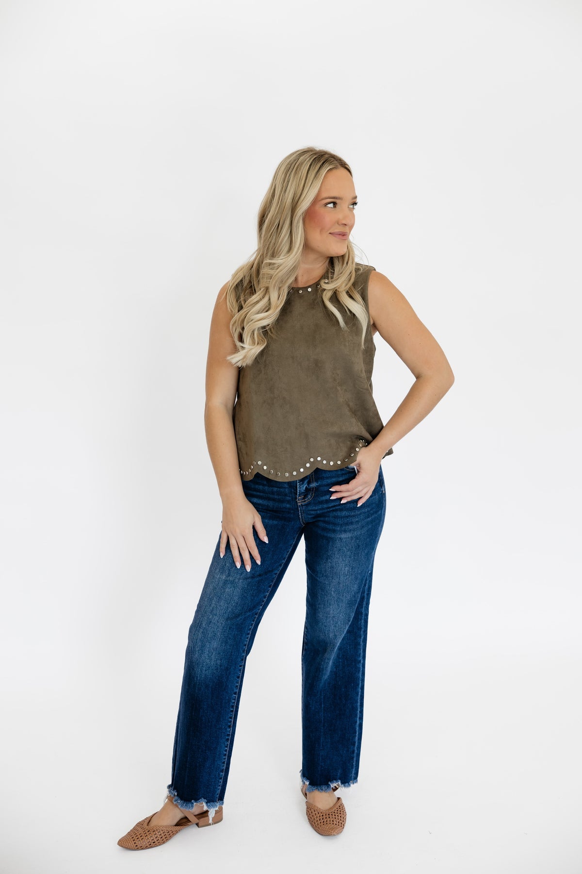 OLIVE YOU STUDDED SUEDE TOP