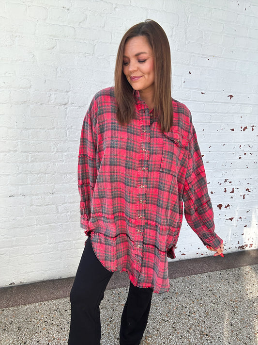 VINTAGE RED PLAID TUNIC TOP