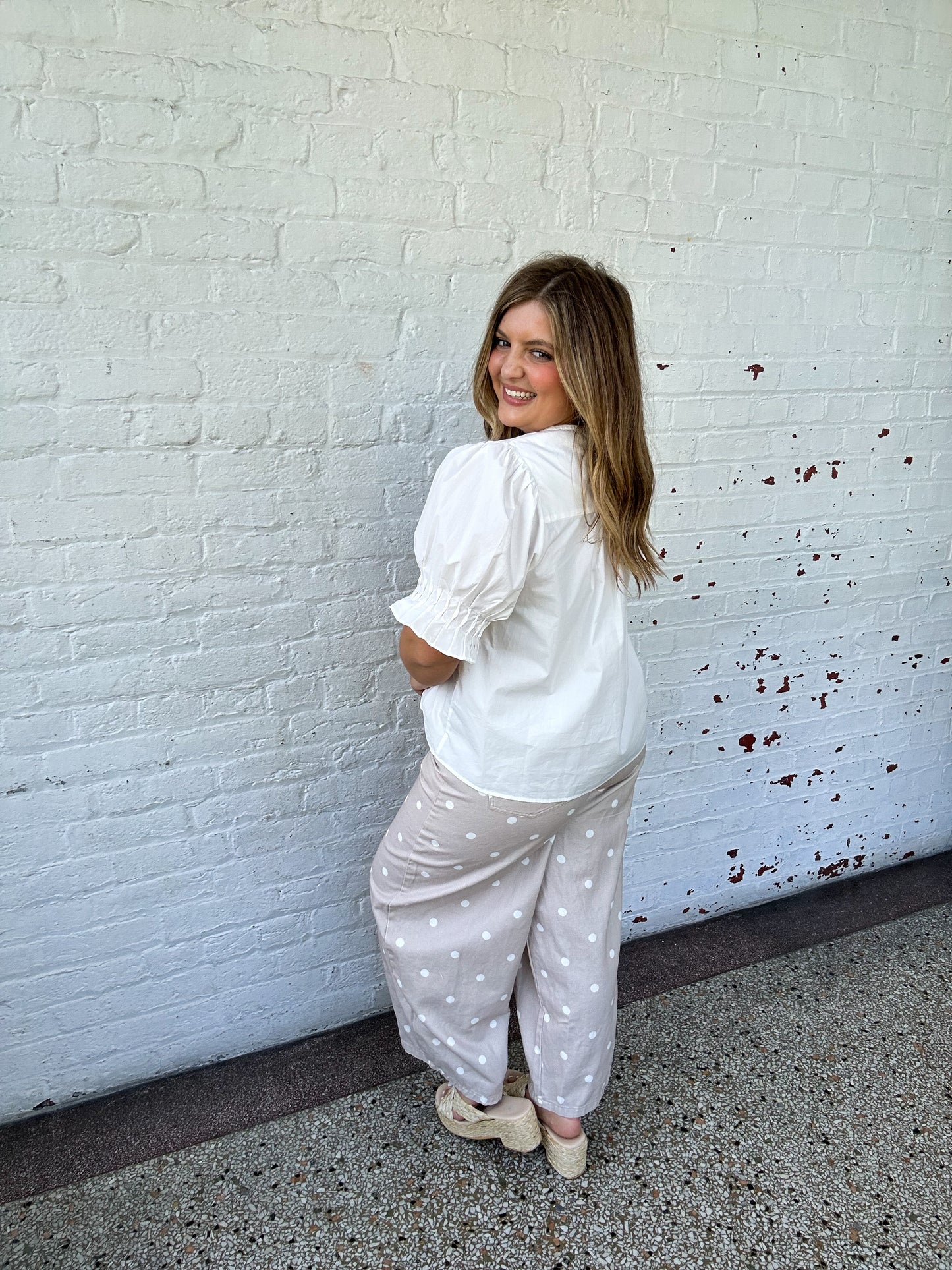 POLKA DOT WIDE LEG DENIM PANTS - CREAM