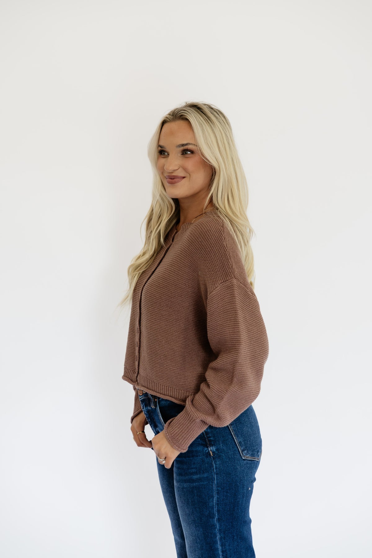 COFFEE CROPPED KNIT CARDIGAN SWEATER