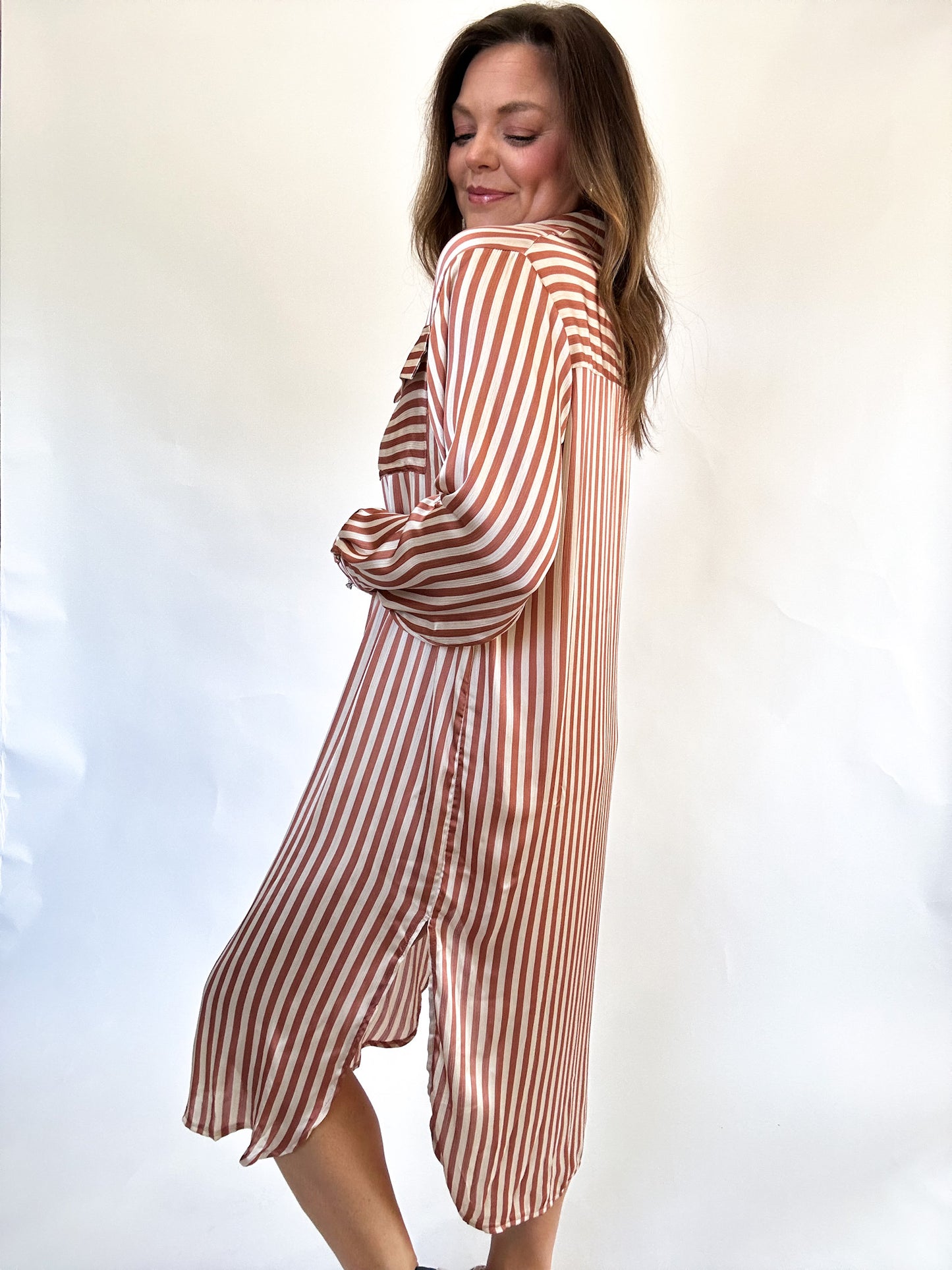 TERRACOTTA STRIPED MIDI DRESS