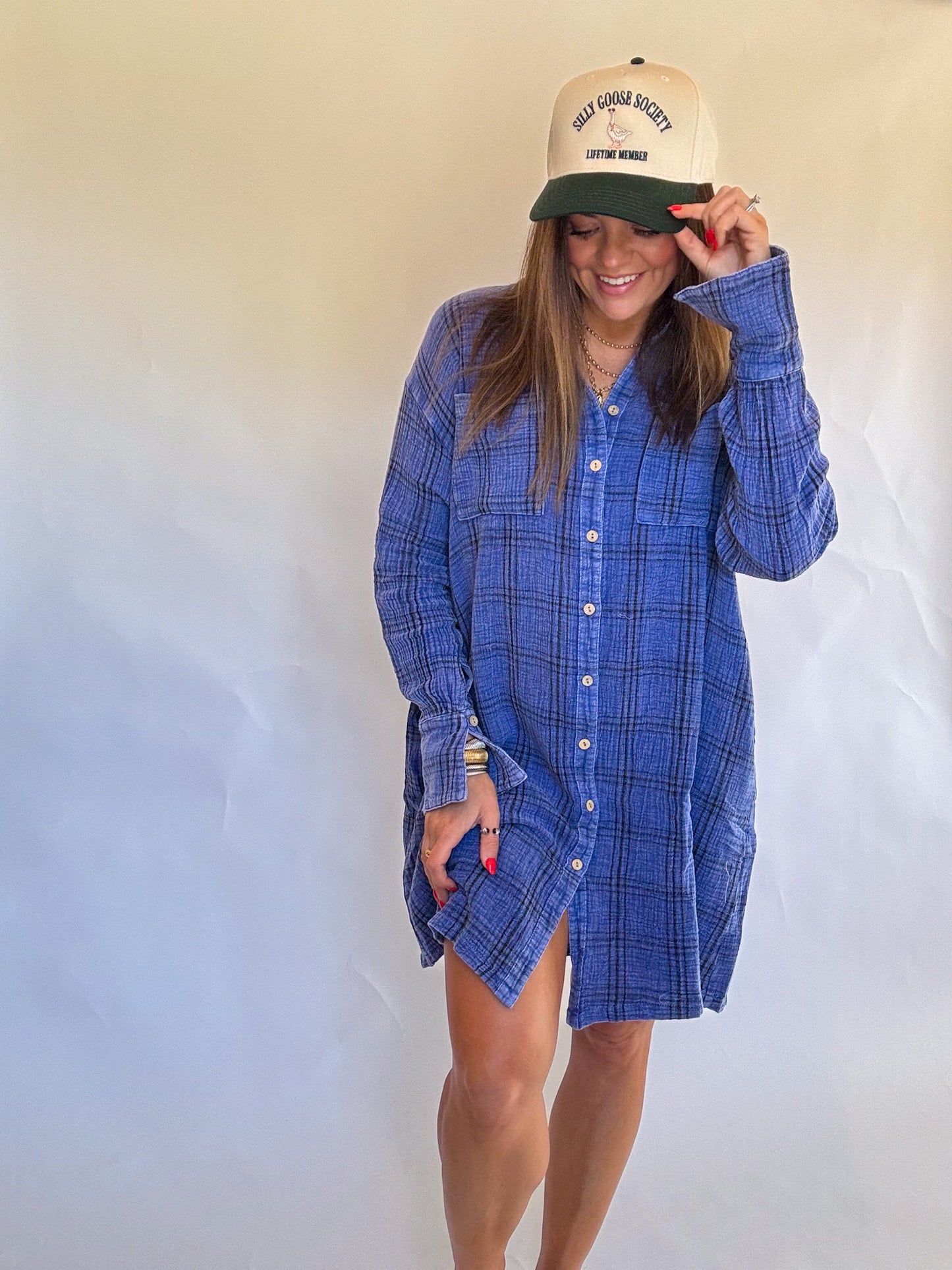 DENIM PLAID GAUZE DRESS