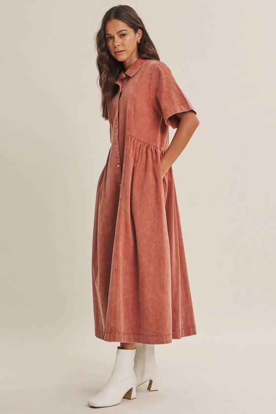 WASHED MAUVE DENIM MIDI DRESS