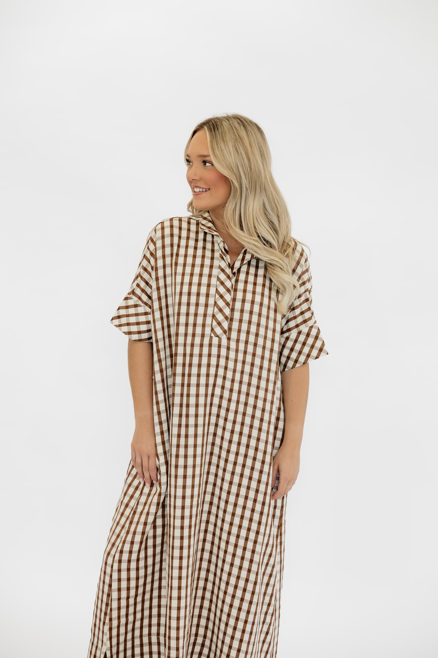 SUNDAY GINGHAM MAXI DRESS - BROWN