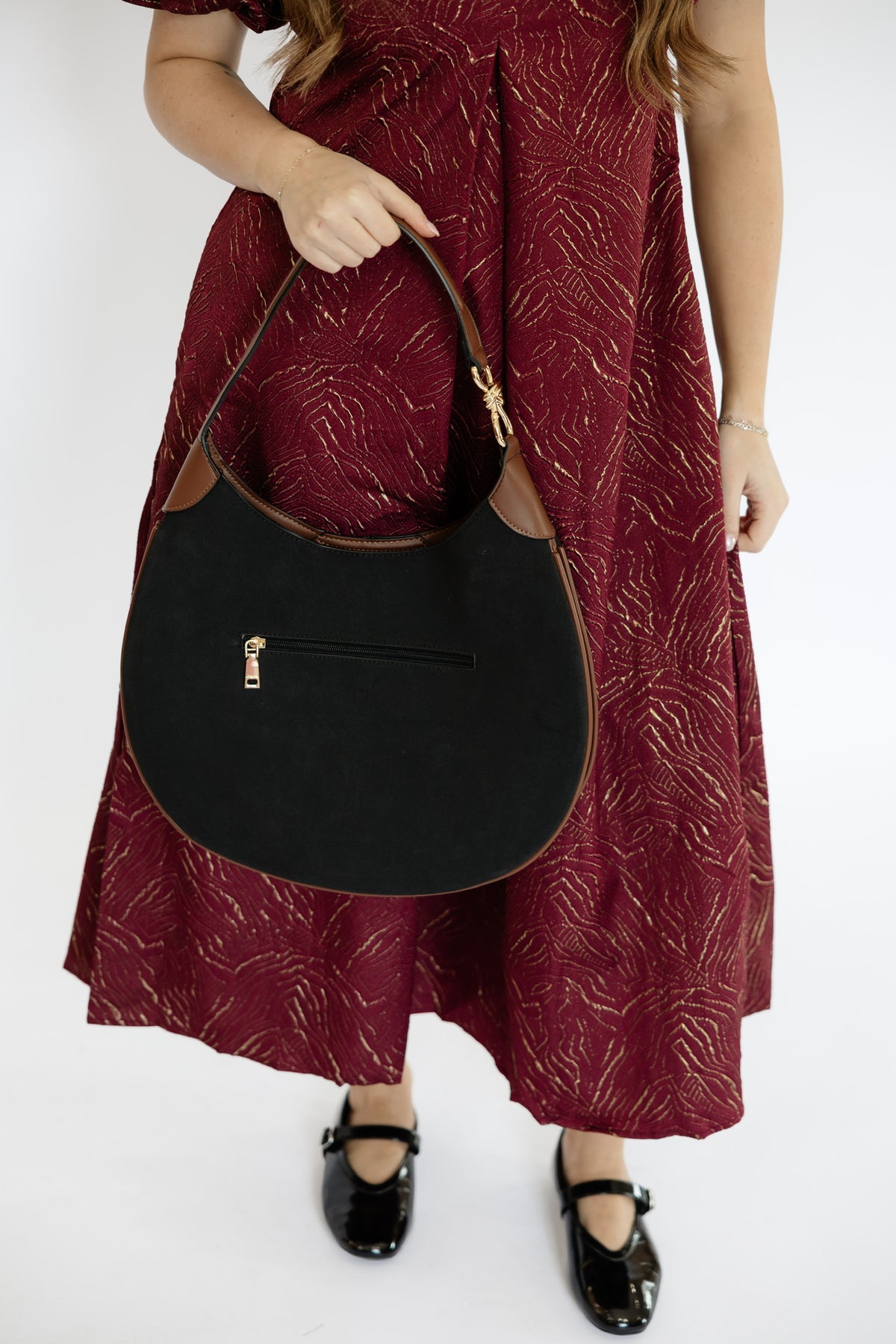 VANESSA FAUX SUEDE HOBO BAG - BLACK