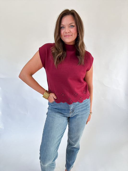 WINE DOWN EYELET SWEATER TOP