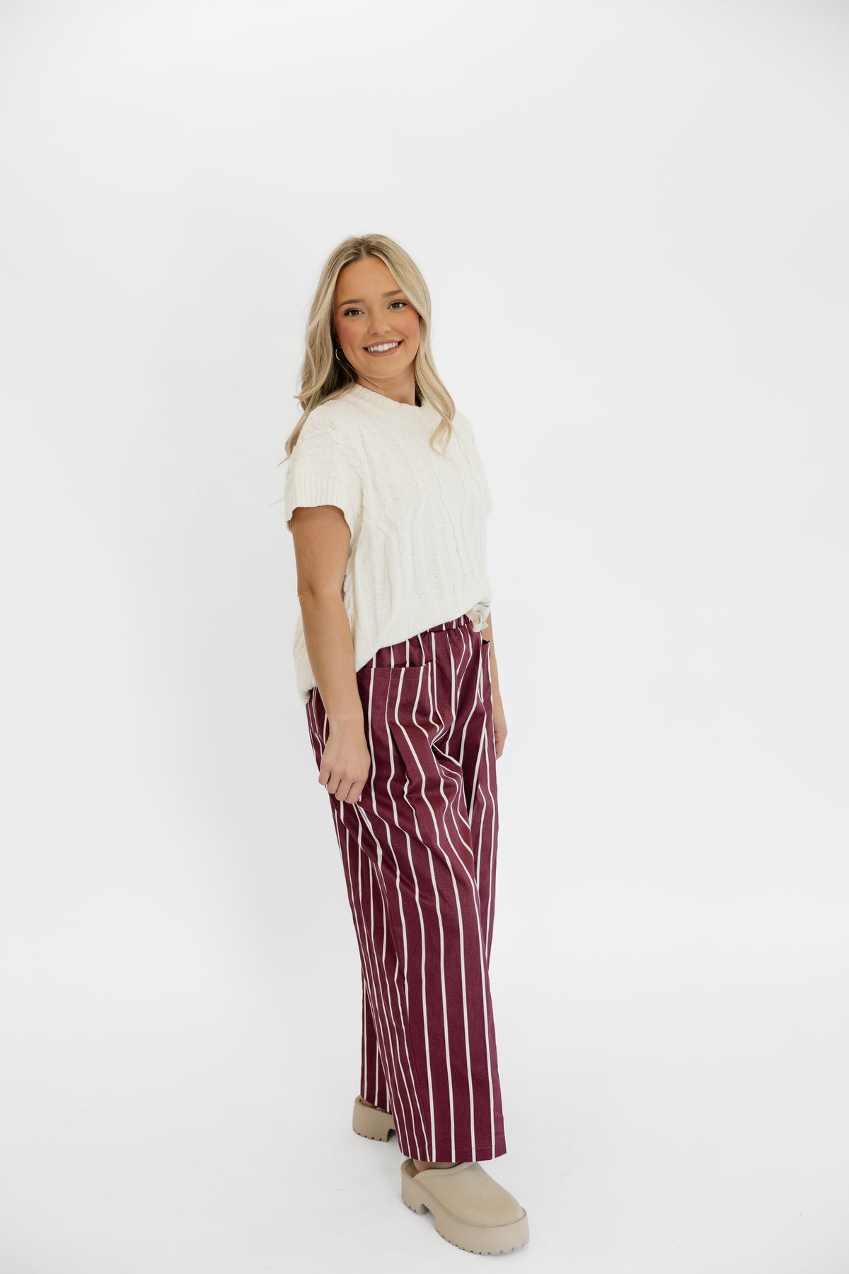 MERLOT STRIPE WIDE LEG PANTS