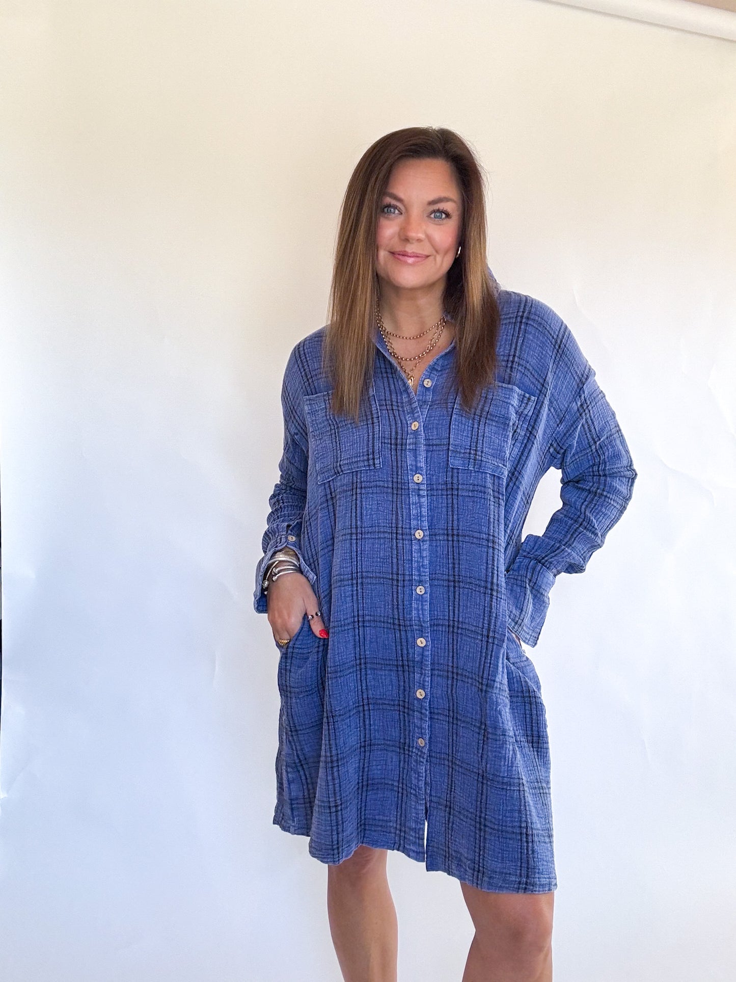 DENIM PLAID GAUZE DRESS