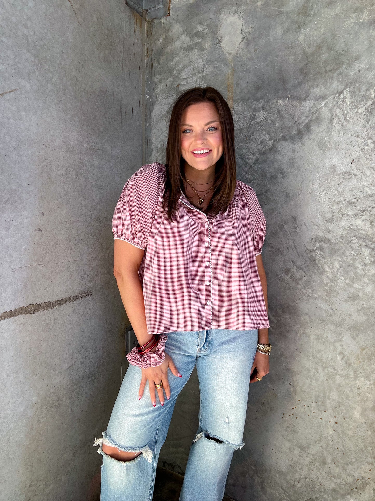 RED GINGHAM BUTTON DOWN TOP