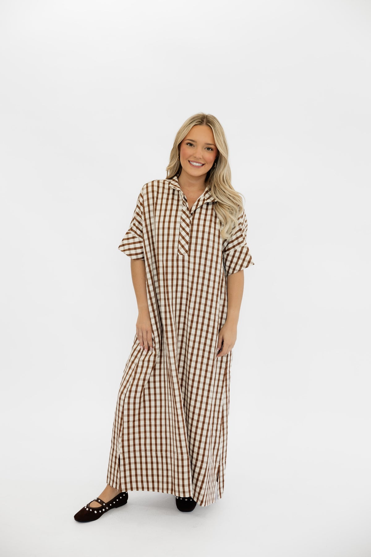 SUNDAY GINGHAM MAXI DRESS - BROWN