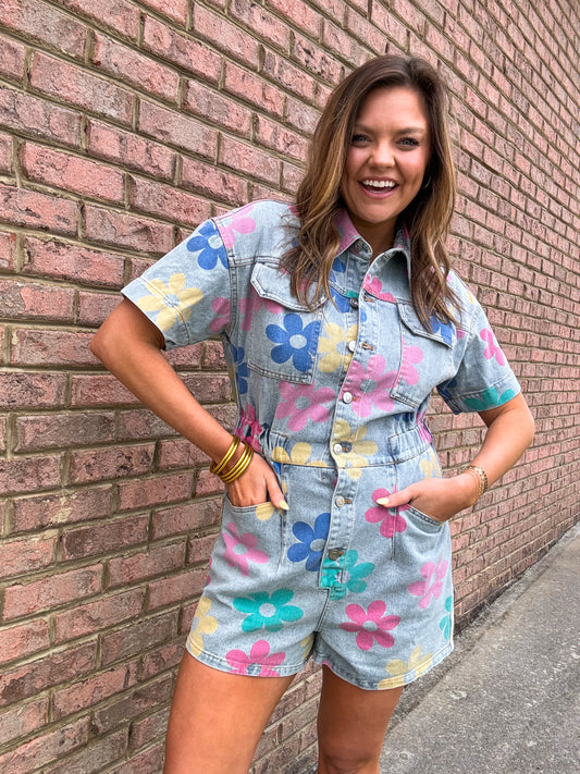 FLOWER POWER DENIM ROMPER