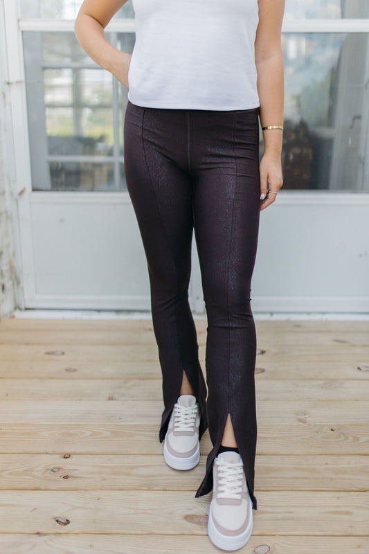 FOIL SPLIT YOGA FLARE LEGGINGS - BROWN