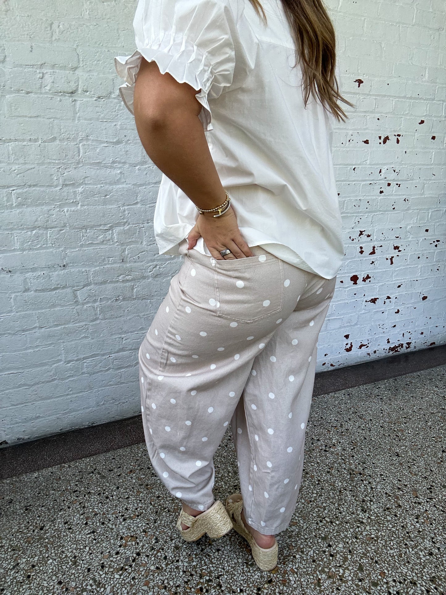 POLKA DOT WIDE LEG DENIM PANTS - CREAM