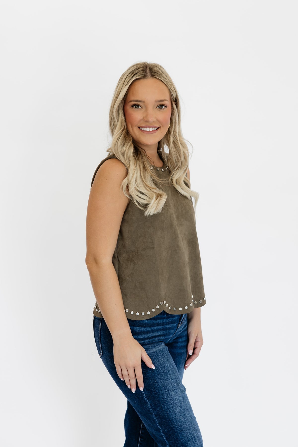 OLIVE YOU STUDDED SUEDE TOP