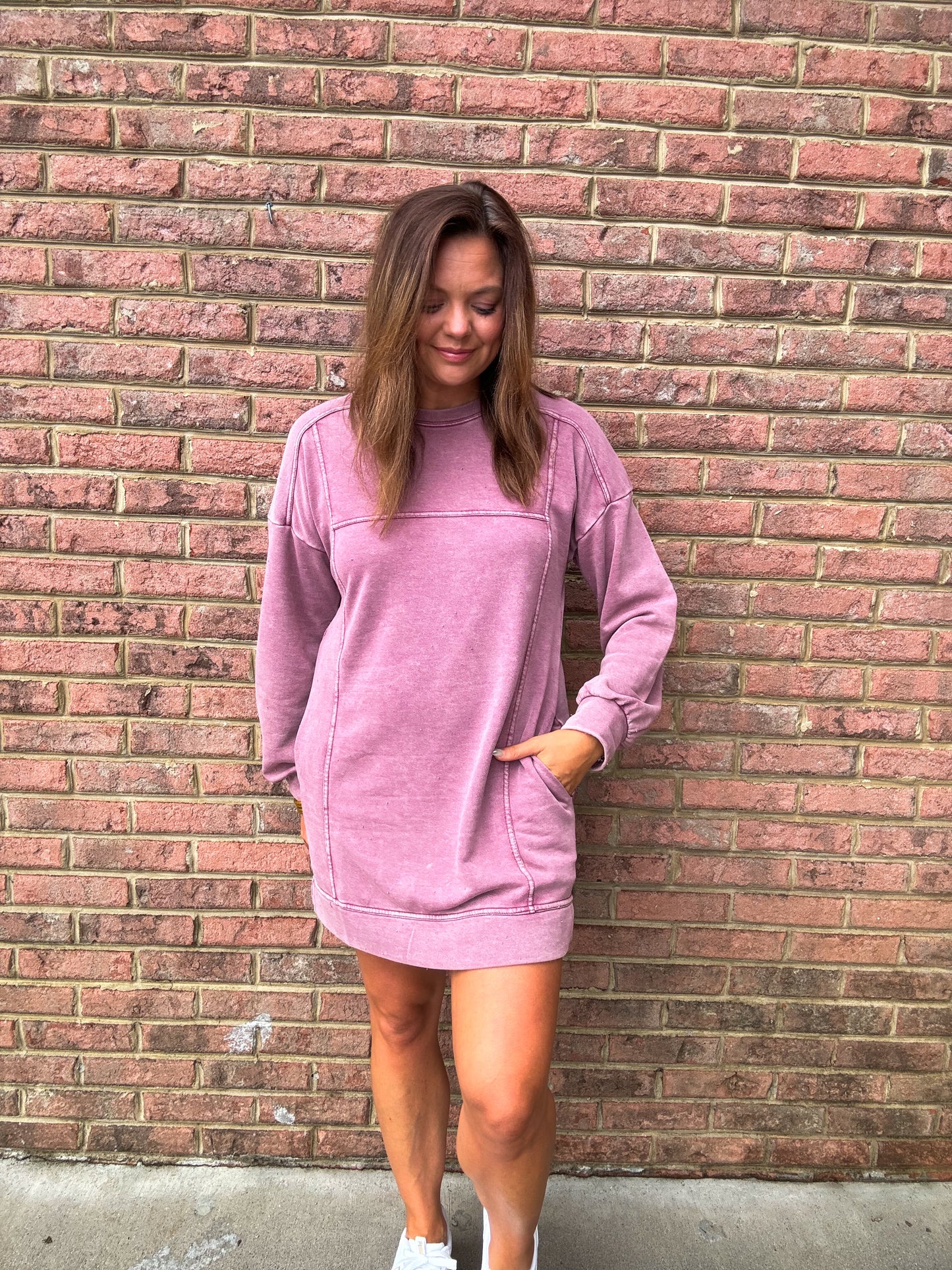 MINERAL WASH SWEATSHIRT DRESS - PLUM