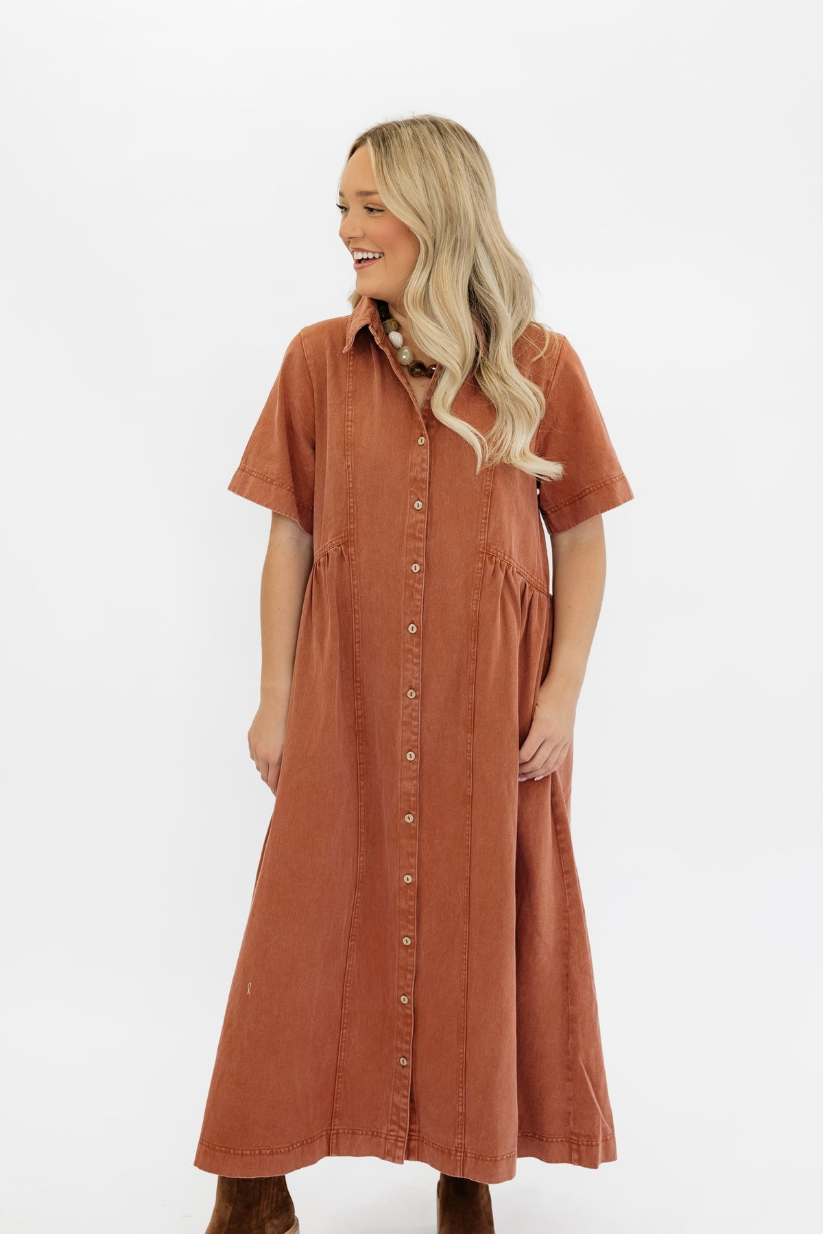 WASHED MAUVE DENIM MIDI DRESS