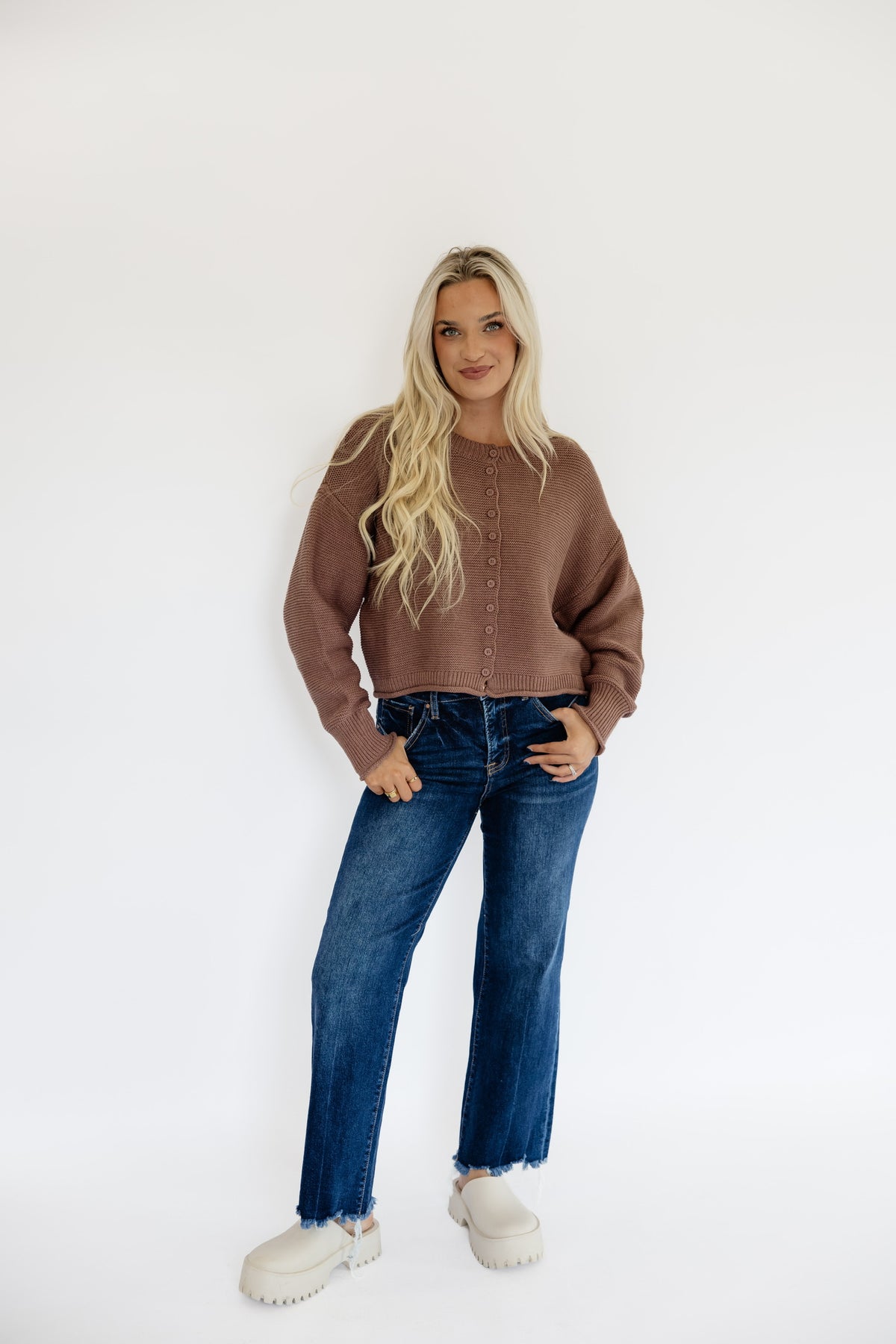 COFFEE CROPPED KNIT CARDIGAN SWEATER