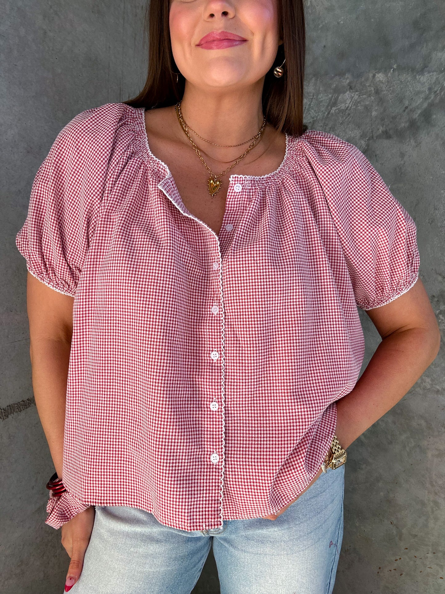 RED GINGHAM BUTTON DOWN TOP