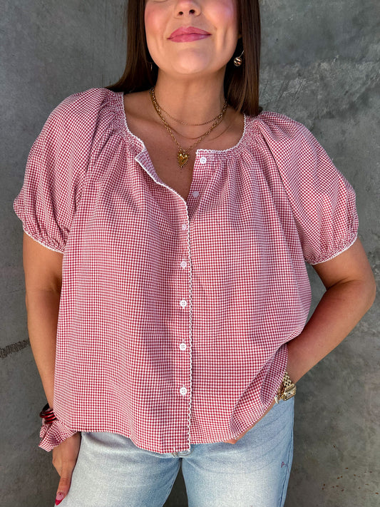 RED GINGHAM BUTTON DOWN TOP