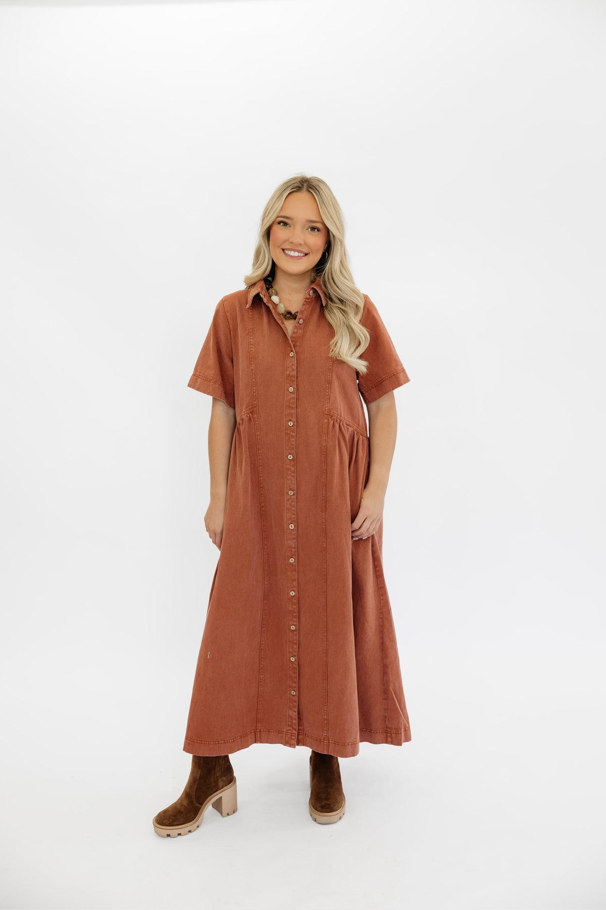 WASHED MAUVE DENIM MIDI DRESS