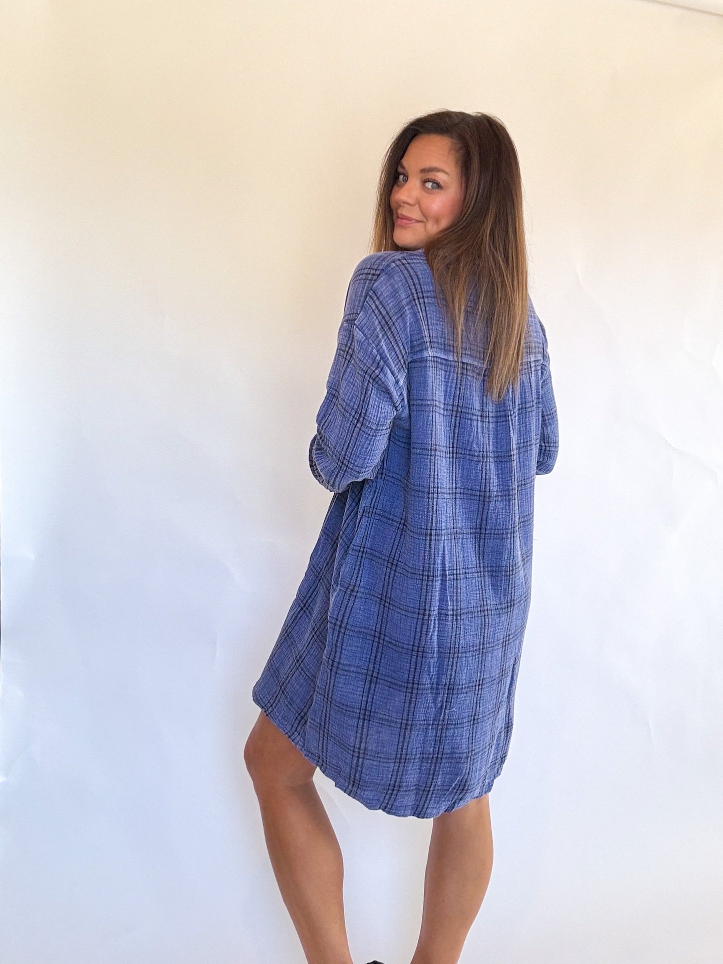 DENIM PLAID GAUZE DRESS