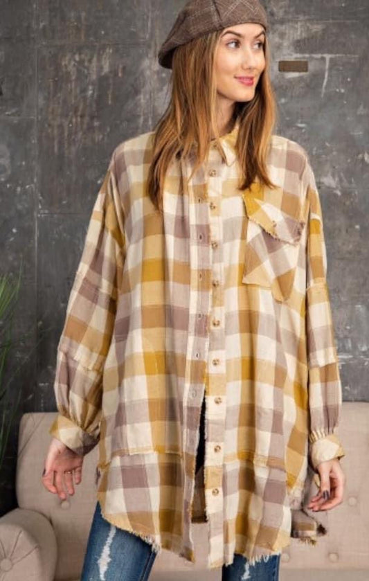 FALL PLAID OVERSIZED DRESS - MUSTARD