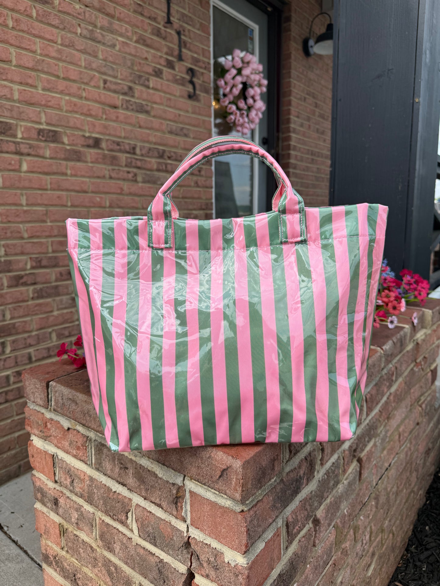 EVERYDAY STRIPED TOTE - PINK/GREEN