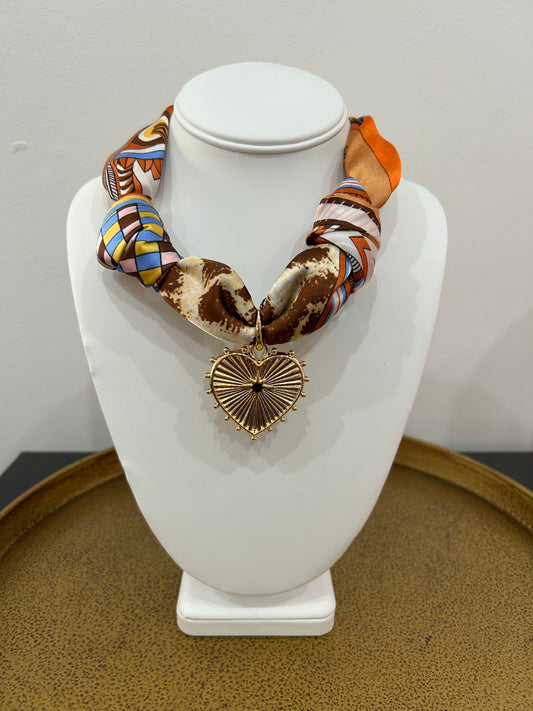 SILKY BANDANA SCARF - ORANGE + HEART CHARM