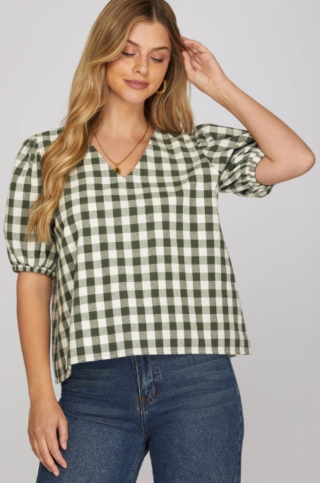 BACK IN GINGHAM TOP - GREEN