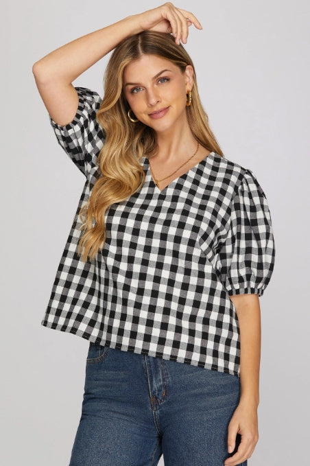 BACK IN GINGHAM TOP - BLACK