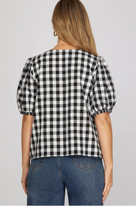 BACK IN GINGHAM TOP - BLACK