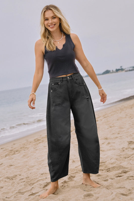 WASHED BLACK BARREL JEANS