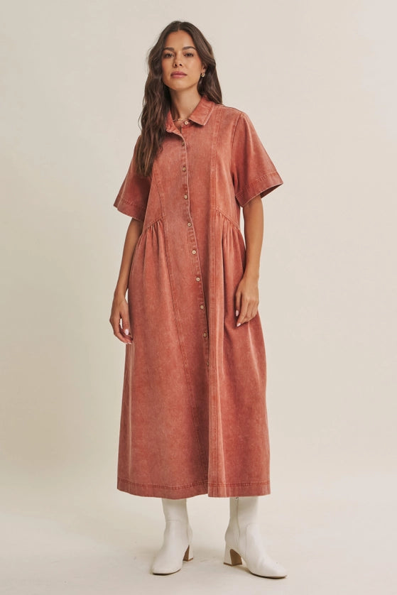 WASHED MAUVE DENIM MIDI DRESS