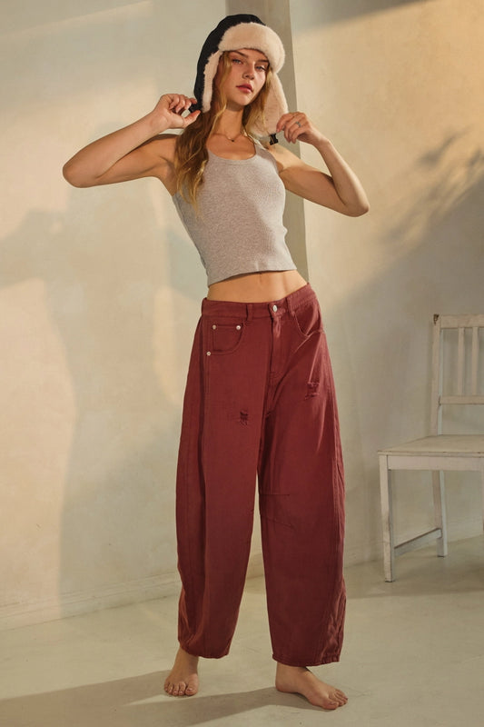 WASHED BURGUNDY BARREL JEANS