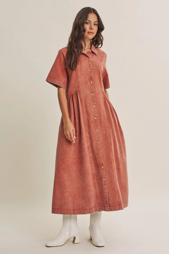 WASHED MAUVE DENIM MIDI DRESS