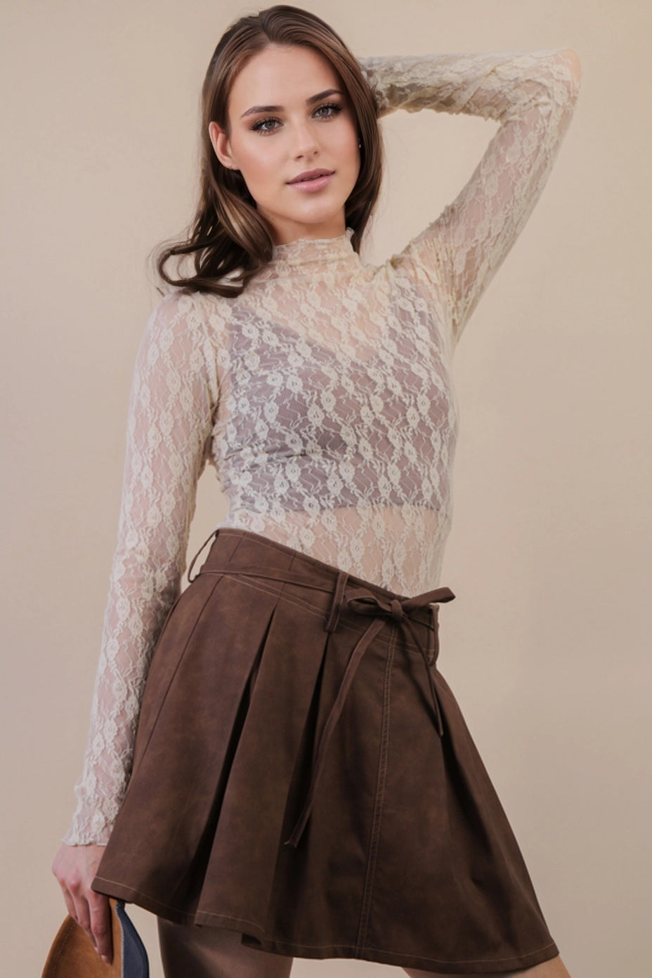 SHEER MESH LACE TOP - CHAMPAGNE